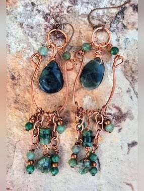 Terra Mirabilis: Handcrafted In Raw Emeralds In Long Dangling Copper Earrings